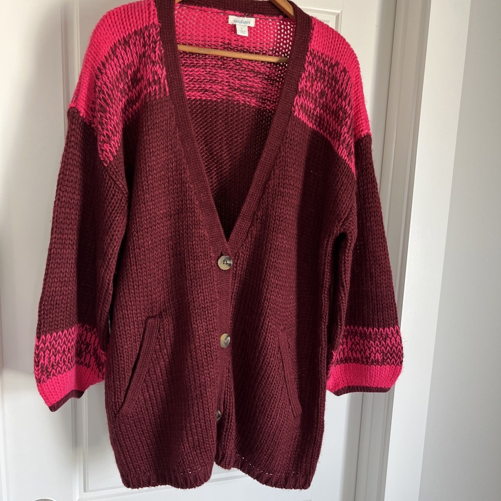 Sundance Chunky Knit Cardigan Sweater Burgundy Wool Blend Oversized L Preppy - Picture 6 of 16